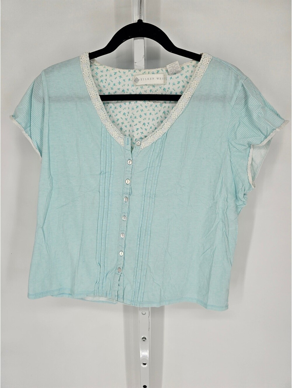 Eileen West Women's Short Sleeve Button Down Lace Neckline Blue Pajama Top Sz XL